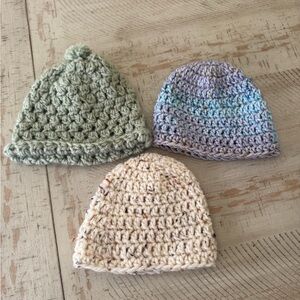 Handmade Crochet Baby Beanie Set - Green, Blue, Cream bundle size infant unisex